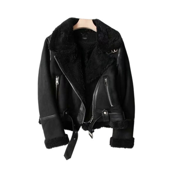 Women'S Faux Shearing Moto Jacket Thick Lined Parka Winter Shearling Coat Leather Jacket Black 9111 M