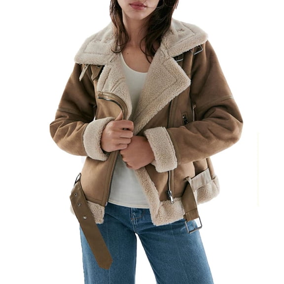 Women'S Faux Shearing Moto Jacket Thick Lined Parka Winter Shearling Coat Leather Jacket Brown 9111 S