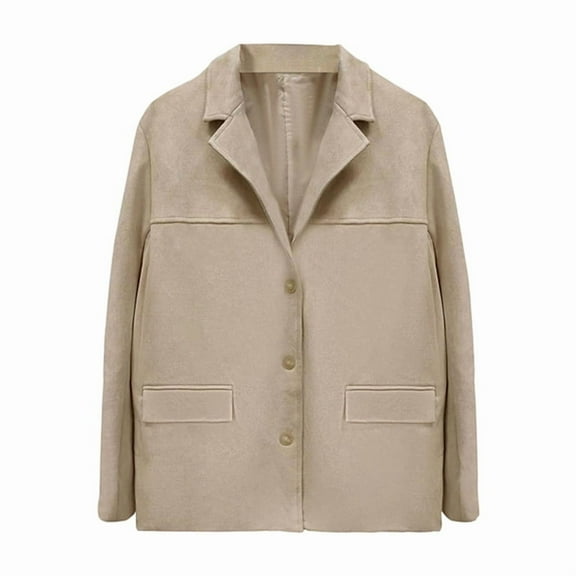 Women'S Faux Suede Blazer Jacket Notched Lapel Single Breasted Faux Suede Leather Suit Jacket Khaki L