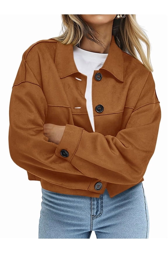 Women'S Faux Suede Cropped Jacket Casual Light-Weight Fall Fashion Winter Coats Outerwear Brown S