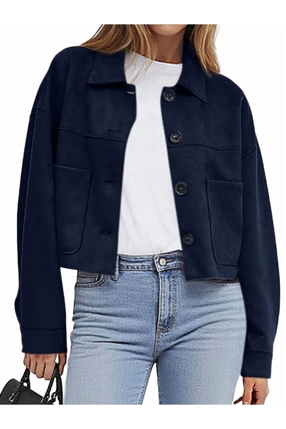 Women'S Faux Suede Cropped Jacket Casual Light-Weight Fall Fashion Winter Coats Outerwear Navy Blue XXL