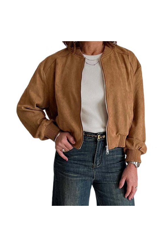 Women'S Faux Suede Jacket Cropped Zip Up Loose Fit Shacket Stylish Fall Winter Outerwear Brown M