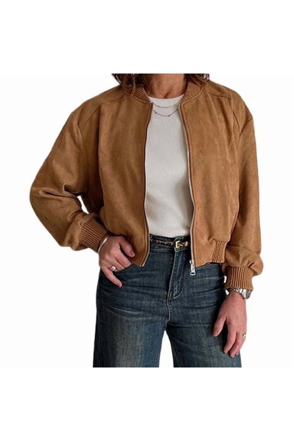 Women'S Faux Suede Jacket Cropped Zip Up Loose Fit Shacket Stylish Fall Winter Outerwear Brown XL
