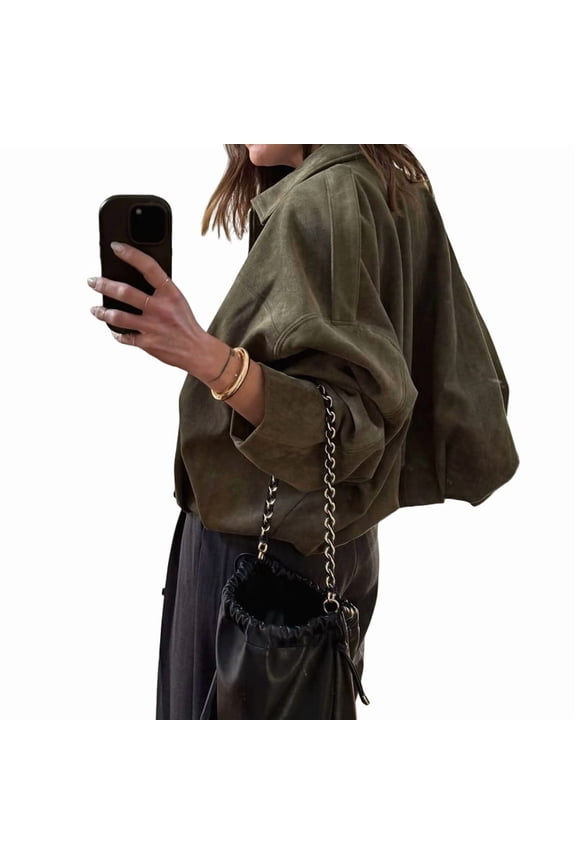 Women'S Faux Suede Jacket Spring Flip Coat Casual Loose Long Sleeve Fashion Street Style Coat Army Green S