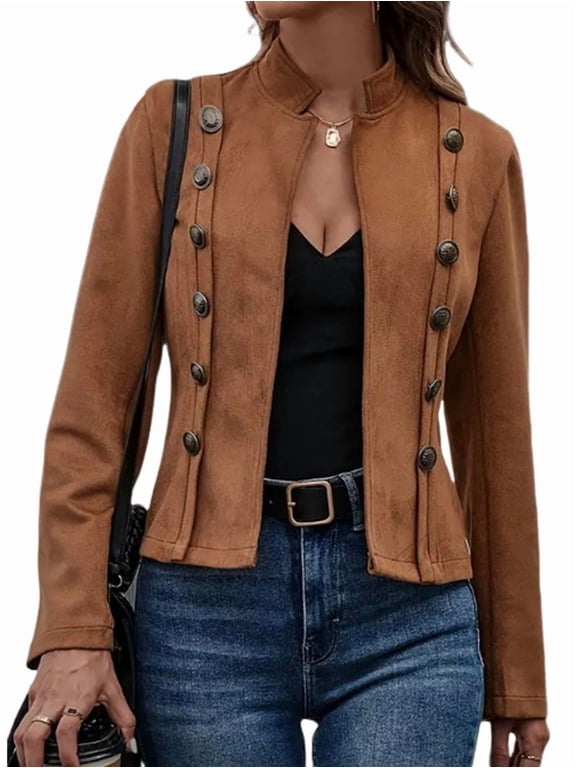 Women'S Faux Suede Jackets Fall Casual Long Sleeve Stand Collar Open Front Cropped Blazer Jacket Coat Dark Brown M