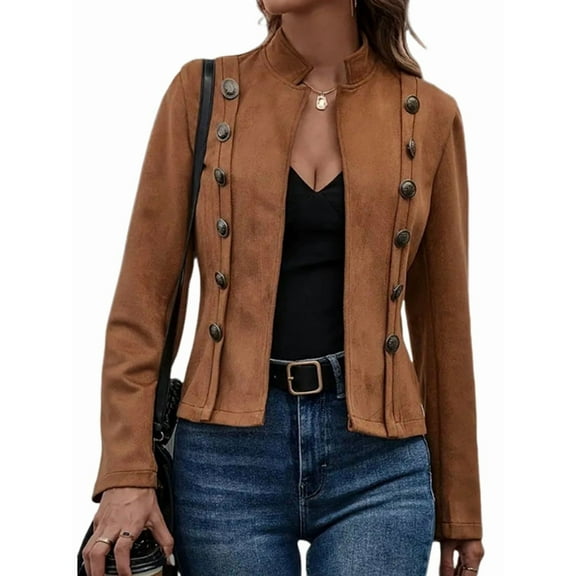 Women'S Faux Suede Jackets Fall Casual Long Sleeve Stand Collar Open Front Cropped Blazer Jacket Coat Dark Brown XXL