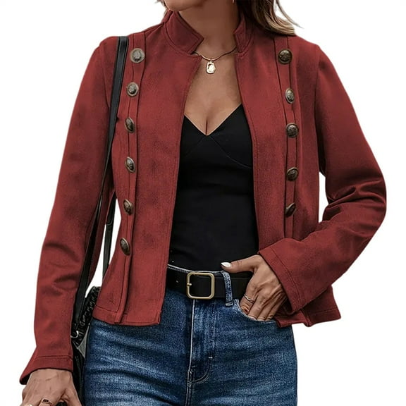 Women'S Faux Suede Jackets Fall Casual Long Sleeve Stand Collar Open Front Cropped Blazer Jacket Coat Red L