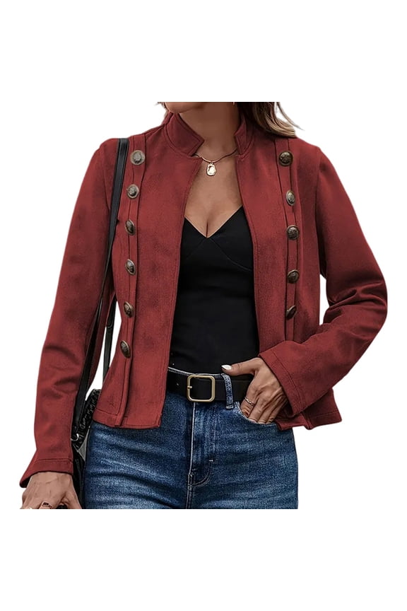 Women'S Faux Suede Jackets Fall Casual Long Sleeve Stand Collar Open Front Cropped Blazer Jacket Coat Red L