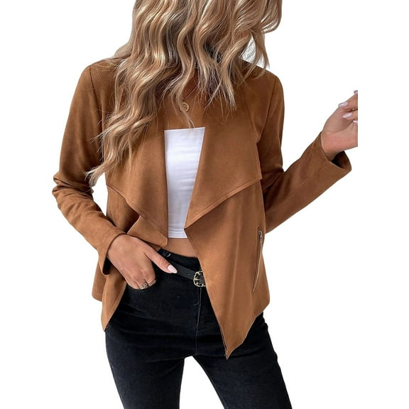 Women'S Faux Suede Jackets Fashion Fall Clothes Long Sleeve Open Front Cropped Coat Outwear Brown L