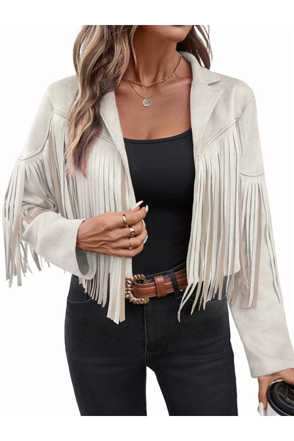 Women'S Faux Suede Leather Tassel Jackets with Lining Cropped Fringe Coats Fall Fashion Must Haves Beige L