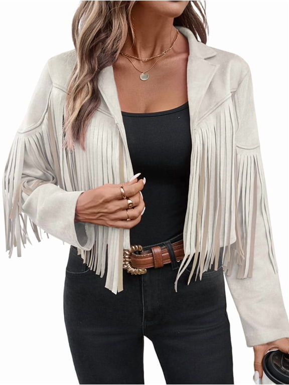 Women'S Faux Suede Leather Tassel Jackets with Lining Cropped Fringe Coats Fall Fashion Must Haves Beige M