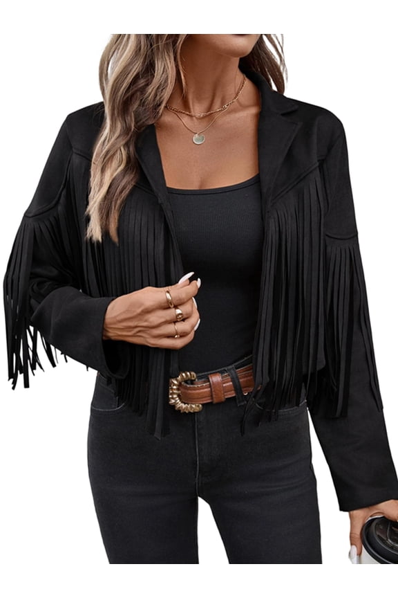 Women'S Faux Suede Leather Tassel Jackets with Lining Cropped Fringe Coats Fall Fashion Must Haves Black L