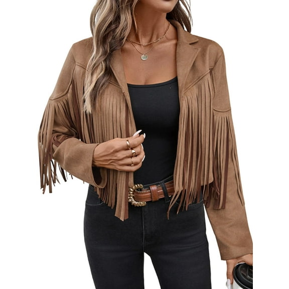 Women'S Faux Suede Leather Tassel Jackets with Lining Cropped Fringe Coats Fall Fashion Must Haves Brown L