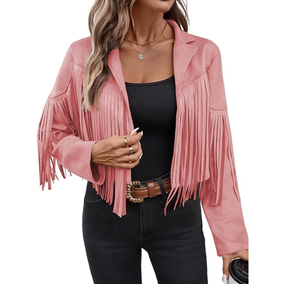 Women'S Faux Suede Leather Tassel Jackets with Lining Cropped Fringe Coats for Women 2025 Fall Fashion Must Haves Pink L
