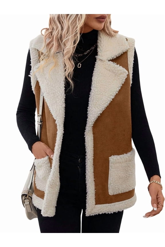 Women'S Faux Suede Vests Sleeveless Jackets V Neck Button Down Fleece Casual Fall Winter Outerwear Caramel Color XXL