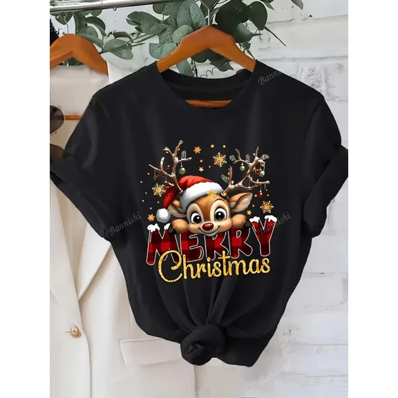 Women'S Festive Deer Christmas Graphic T-Shirt