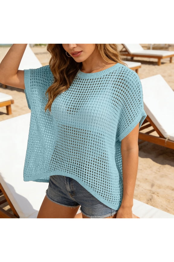 Women'S Fishnet Mesh Top Short Sleeve Shirt Summer Casual Knit Top Beach Cover Up Vacation Daily Wear Vintage Fashion Trendy Tee Blue XXL