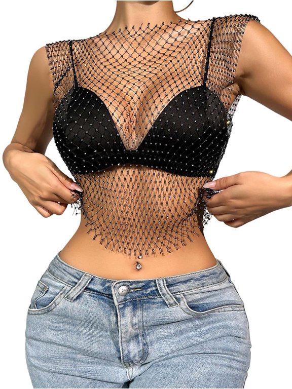 Women'S Fishnet Tops Shiny Sleeveless Rhinestone Hollow Mesh Vest See Through Costumes Black XS