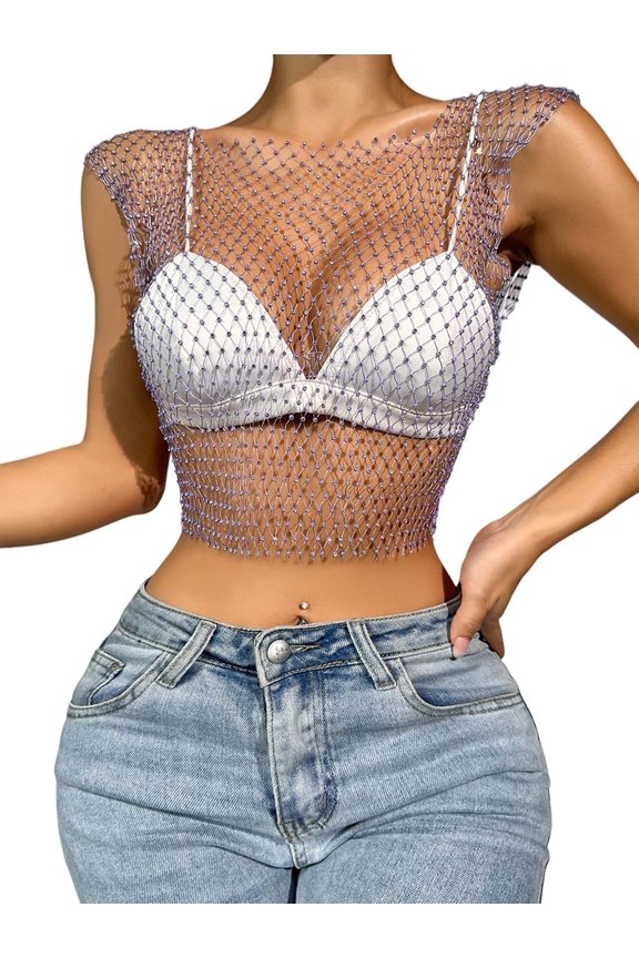 Women'S Fishnet Tops Shiny Sleeveless Rhinestone Hollow Mesh Vest See Through Costumes S