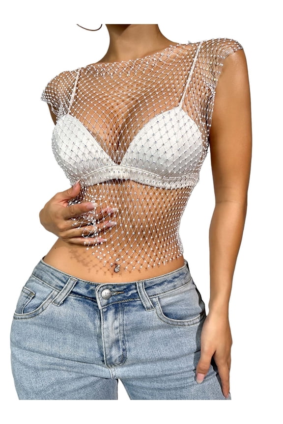 Women'S Fishnet Tops Shiny Sleeveless Rhinestone Hollow Mesh Vest See Through Costumes White L