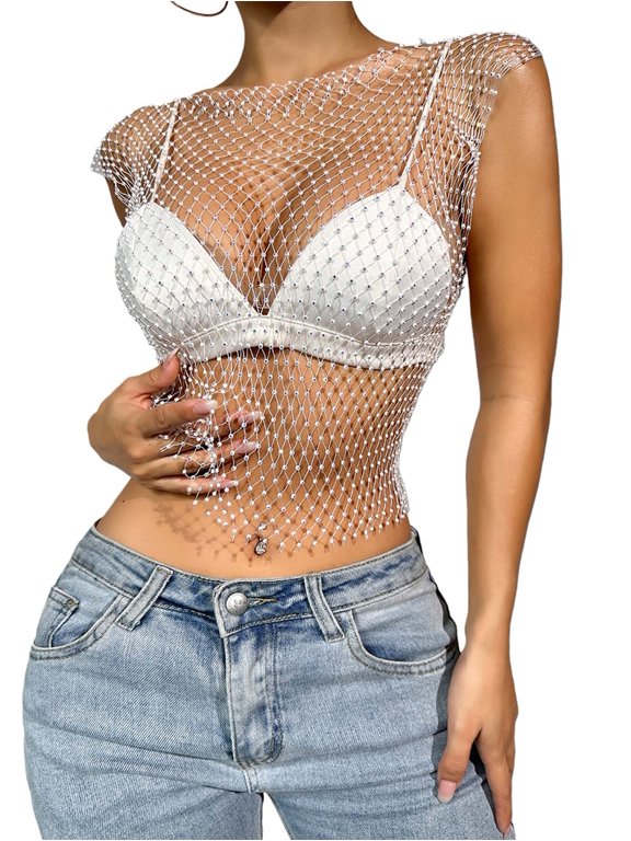 Women'S Fishnet Tops Shiny Sleeveless Rhinestone Hollow Mesh Vest See Through Costumes White L