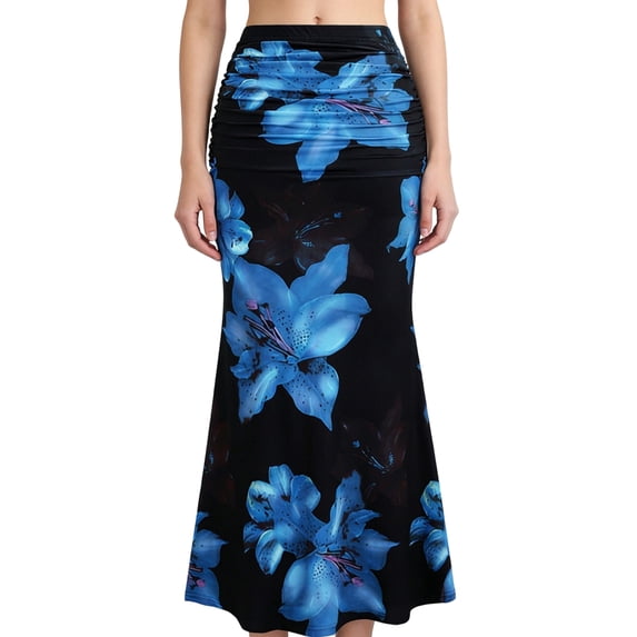 Women'S Fishtail Skirt Elegant Floral Ruched Skinny Bodycon Ruffle Long Skirts Blue XL