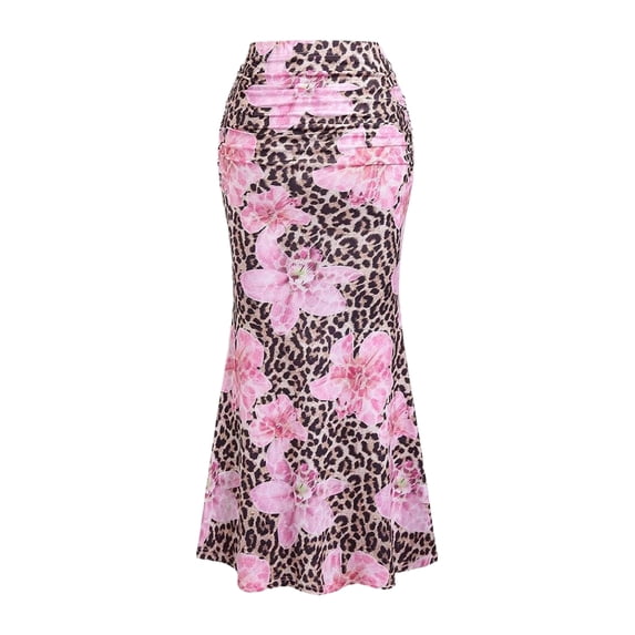 Women'S Fishtail Skirt Elegant Floral Ruched Skinny Bodycon Ruffle Long Skirts Powder Pink L