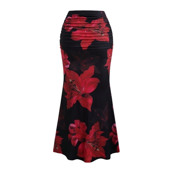 Women'S Fishtail Skirt Elegant Floral Ruched Skinny Bodycon Ruffle Long Skirts Red & Black L