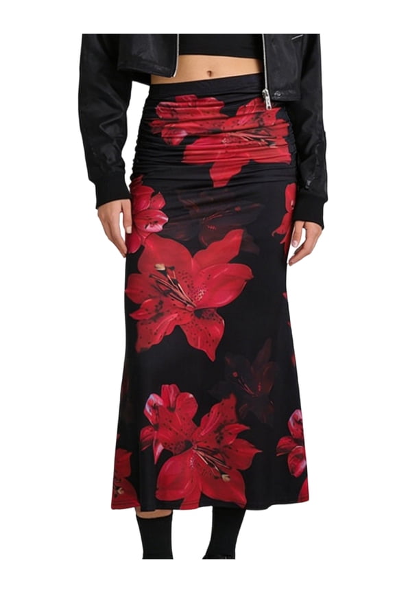 Women'S Fishtail Skirt Elegant Floral Ruched Skinny Bodycon Ruffle Long Skirts Red &