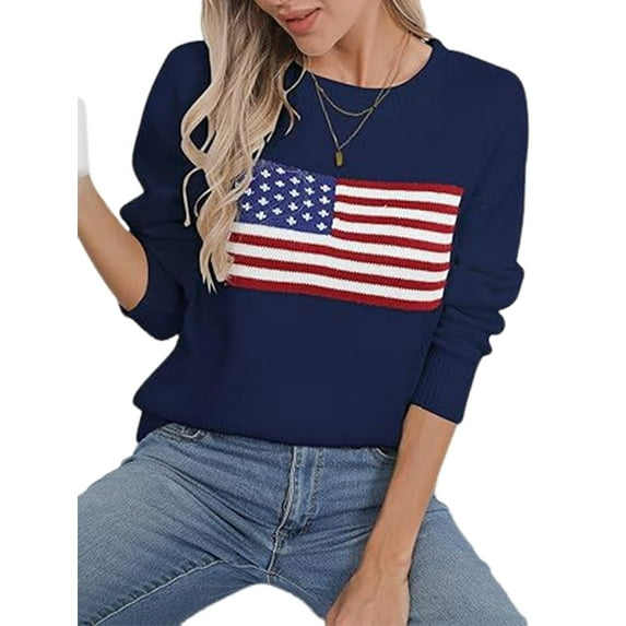 Women'S Flag Pattern Long Sleeve Round Neck Sweater Casual Loose Pullover Sweater Blue XL
