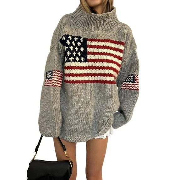Women'S Flag Pattern Long Sleeve Round Neck Sweater Casual Loose Pullover Sweater Gray L