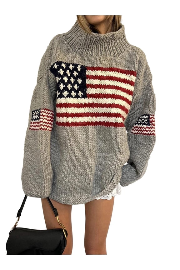 Women'S Flag Pattern Long Sleeve Round Neck Sweater Casual Loose Pullover Sweater Gray M