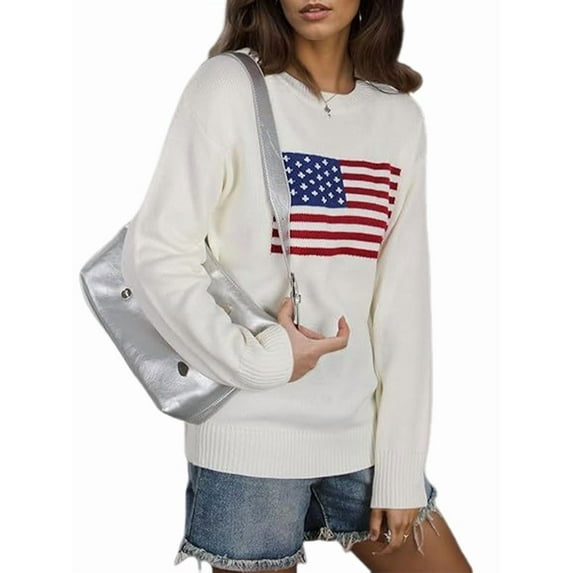 Women'S Flag Pattern Long Sleeve Round Neck Sweater Casual Loose Pullover Sweater White XL