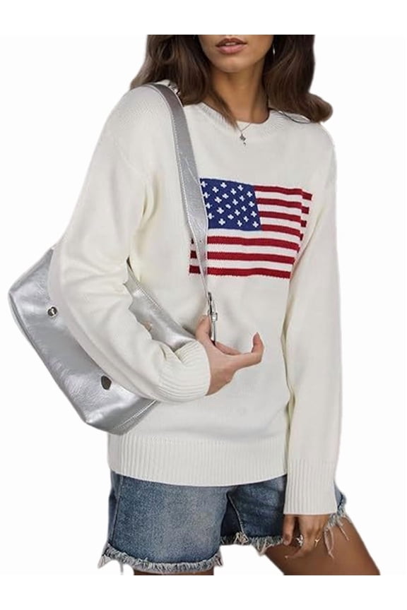 Women'S Flag Pattern Long Sleeve Round Neck Sweater Casual Loose Pullover Sweater White XXL