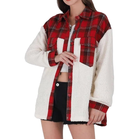 Women'S Flannel Button Down Fleece Jacket Fall Fuzzy Lapel Long Sleeves Plaid Blouse Jacket Winter Light Coats Big Red S
