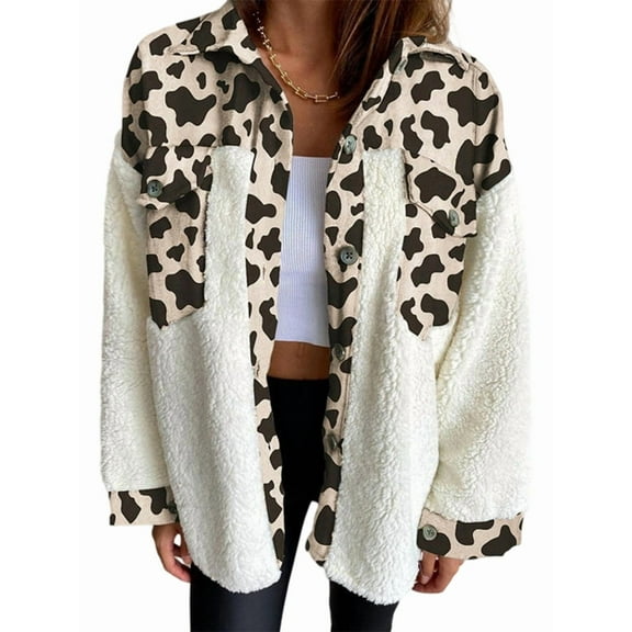 Women'S Flannel Button Down Fleece Jacket Fall Fuzzy Lapel Long Sleeves Plaid Blouse Jacket Winter Light Coats Cow Color L