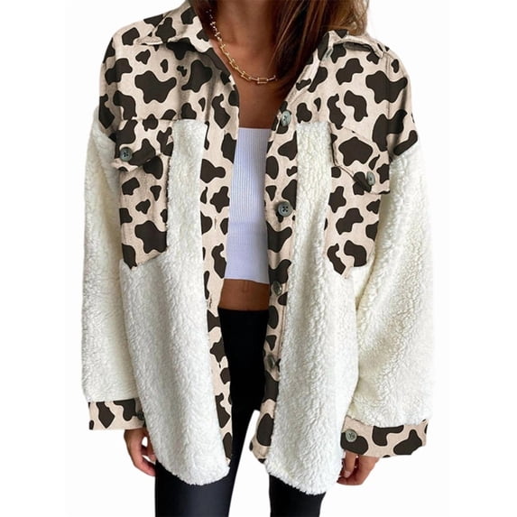 Women'S Flannel Button Down Fleece Jacket Fall Fuzzy Lapel Long Sleeves Plaid Blouse Jacket Winter Light Coats Cow Color S