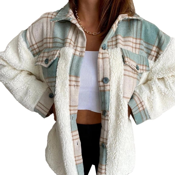 Women'S Flannel Button Down Fleece Jacket Fall Fuzzy Lapel Long Sleeves Plaid Blouse Jacket Winter Light Coats Green S