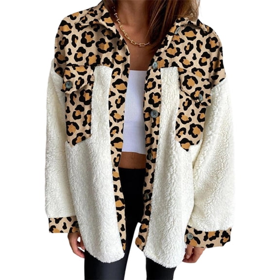 Women'S Flannel Button Down Fleece Jacket Fall Fuzzy Lapel Long Sleeves Plaid Blouse Jacket Winter Light Coats Leopard Print L
