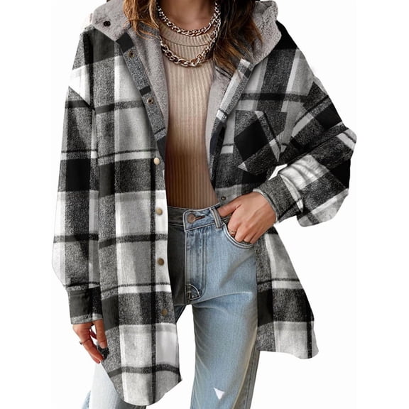 Women'S Flannel Hooded Plaid Shacket Thick Coat Winter Coat Button Down Warm and Fuzzy Fleece Jacket Black XXL