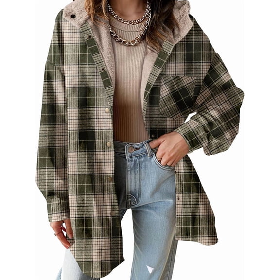 Women'S Flannel Hooded Plaid Shacket Thick Coat Winter Coat Button Down Warm and Fuzzy Fleece Jacket Olive Green M