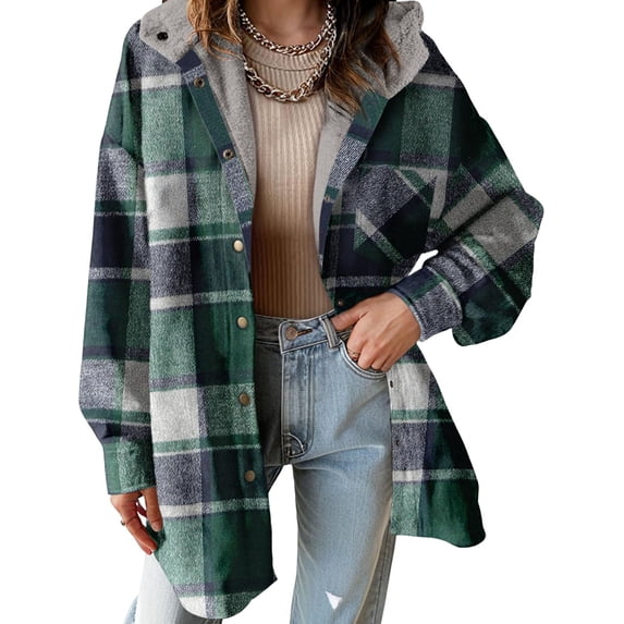 Women'S Flannel Hooded Plaid Shacket Thick Coat Winter Coat for Warmth Button Down Warm and Fuzzy Fleece Jacket Green XL