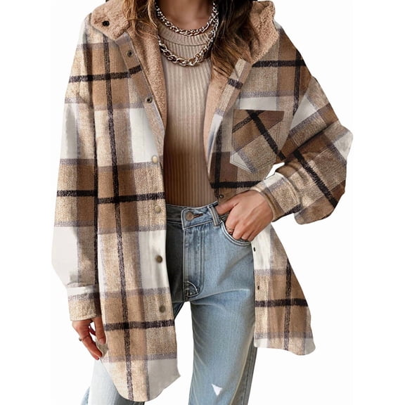 Women'S Flannel Hooded Plaid Shacket Thick Coat Winter Coat for Warmth Button Down Warm and Fuzzy Fleece Jacket Khaki XL
