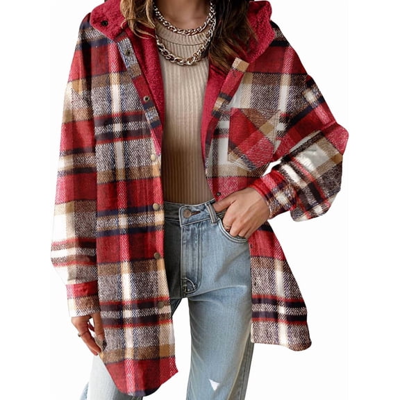 Women'S Flannel Hooded Plaid Shacket Thick Coat Winter Coat for Warmth Button Down Warm and Fuzzy Fleece Jacket Red M