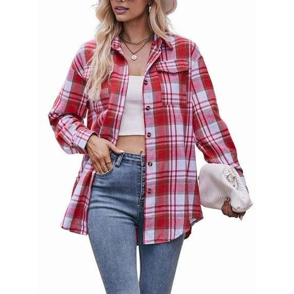Women'S Flannel Plaid Button-Down Shirt Oversized Long Sleeve Short Sleeve Jacket Top Red M