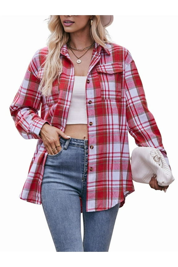 Women'S Flannel Plaid Button-Down Shirt Oversized Long Sleeve Short Sleeve Jacket Top Red XL