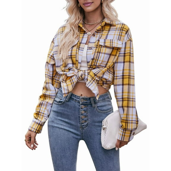 Women'S Flannel Plaid Button-Down Shirt Oversized Long Sleeve Short Sleeve Jacket Top Yellow S