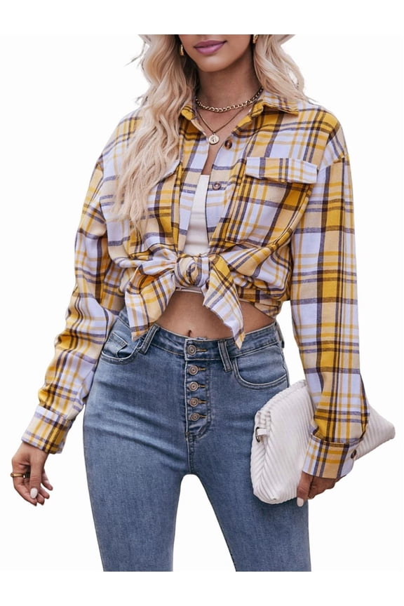 Women'S Flannel Plaid Button-Down Shirt Oversized Long Sleeve Short Sleeve Jacket Top Yellow XL