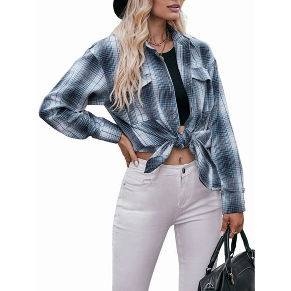 Women'S Flannel Plaid Button-Down Shirt Oversized Long Sleeve Short Sleeve Jacket Top