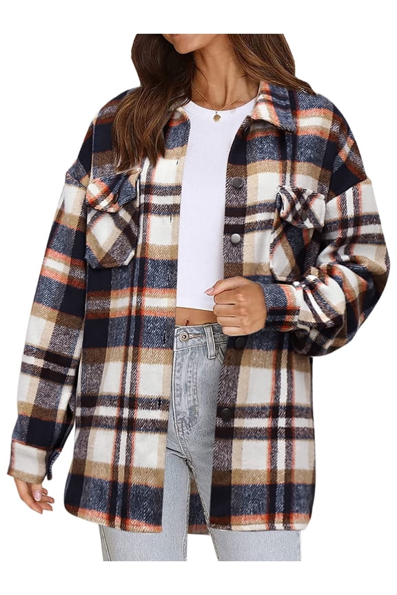 Women'S Flannel Plaid Shacket Fall Long Sleeve Button Down Shirts Jacket Coats with Side Pockets Color Pattern XL